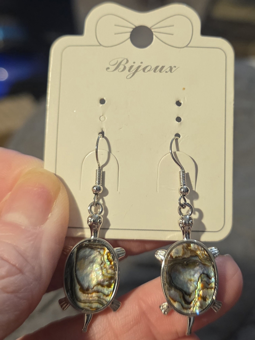 Iridescent Abalone Turtle Drop Earrings in Silver